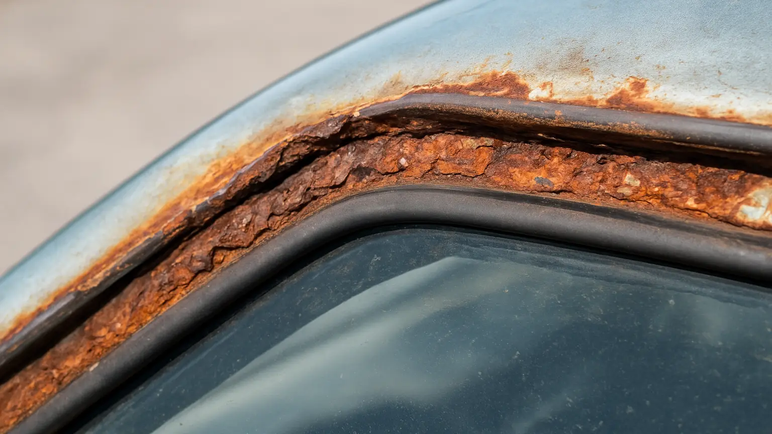 Sectioned windshield opening displaying pinch weld with visible rust scale, pitting, and corrosion layers before metal repair begins.