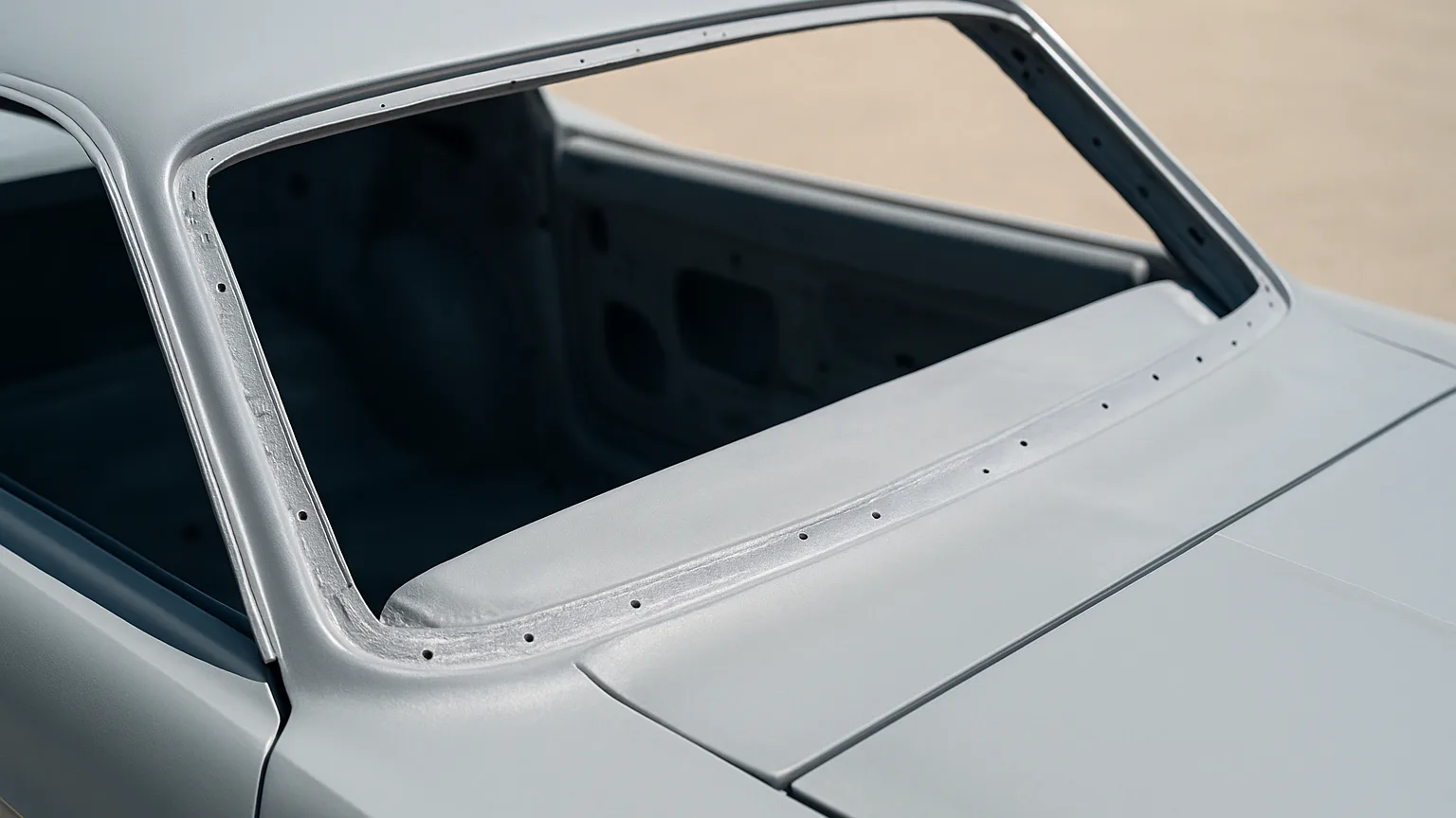 Completed windshield opening with bare metal stripped, primed, and sealed, ready for urethane application and new glass installation.