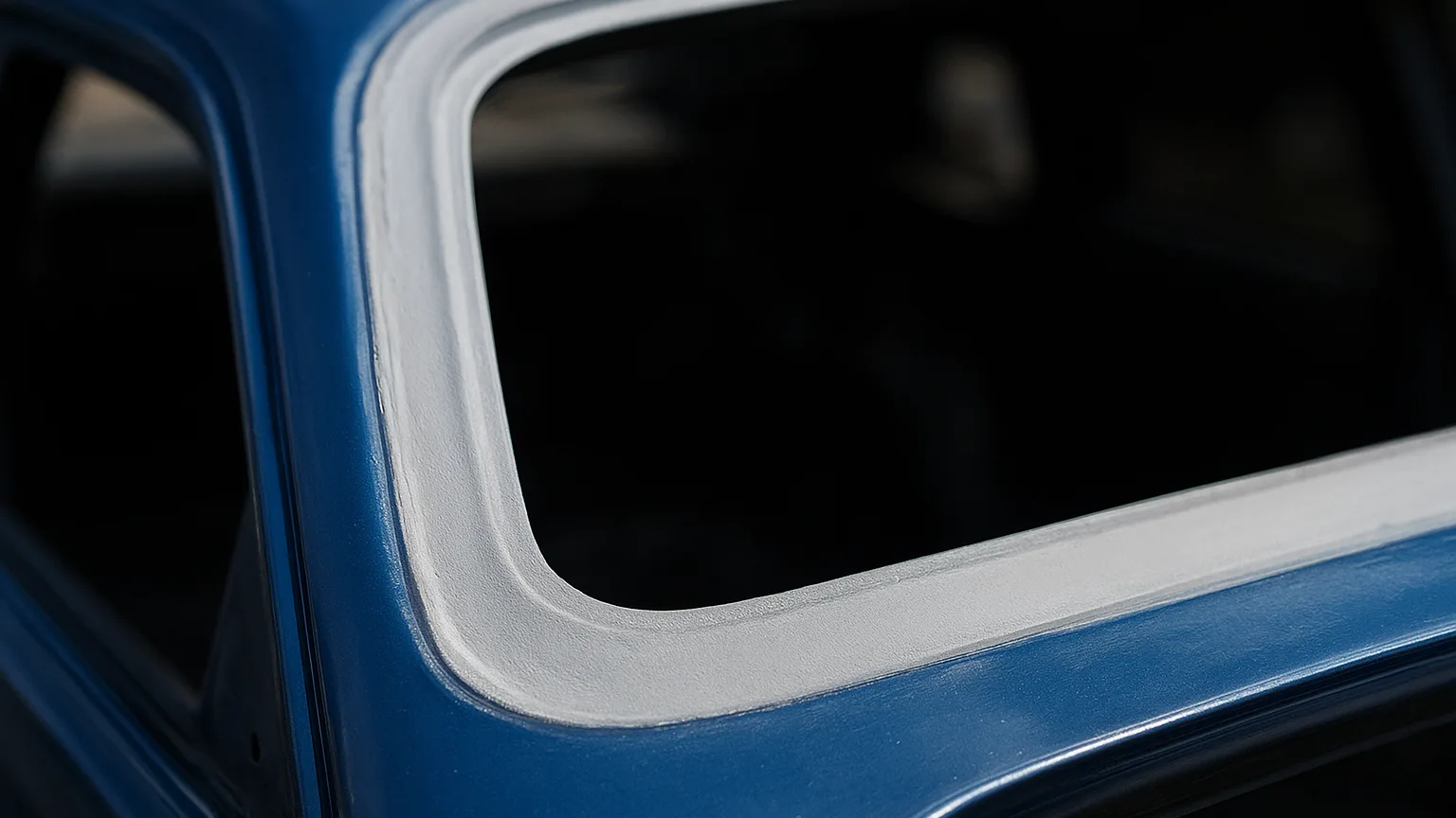 Close-up of windshield opening's metal perimeter showing the flat welded lip where glass will bond, primer and paint freshly applied.