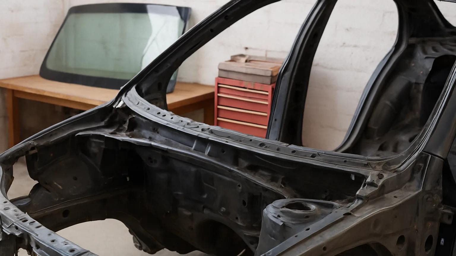 Windshield removed from vehicle frame, laminated glass leaning against workbench, exposed pinch weld and opening flange ready for body repair work.