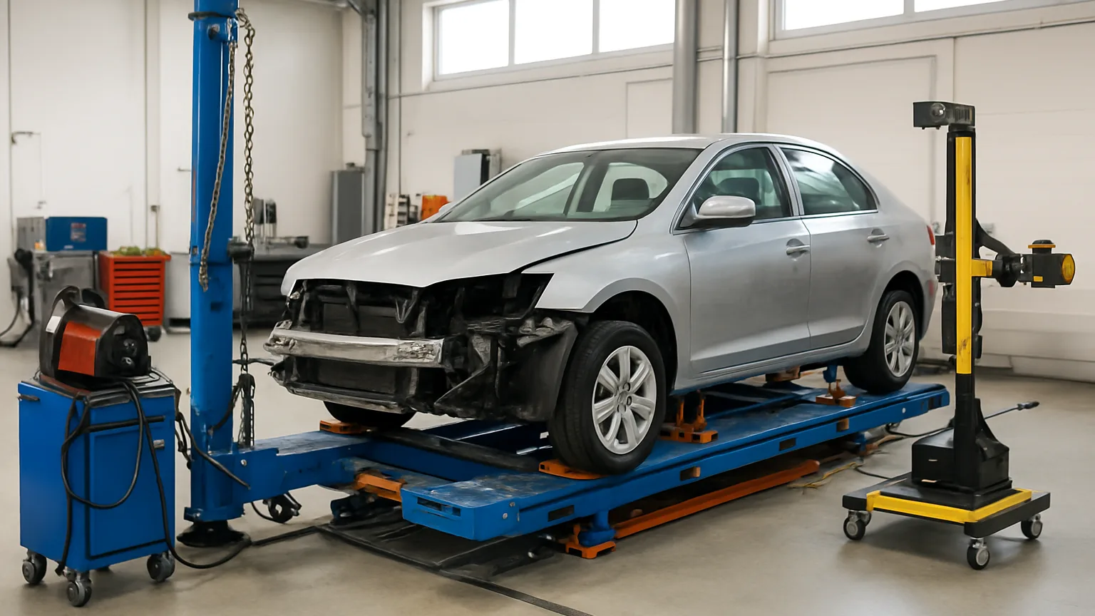 Collision repair bay with vehicle on frame machine, measuring equipment, welding tools, and alignment rack positioned in sequence around the car.