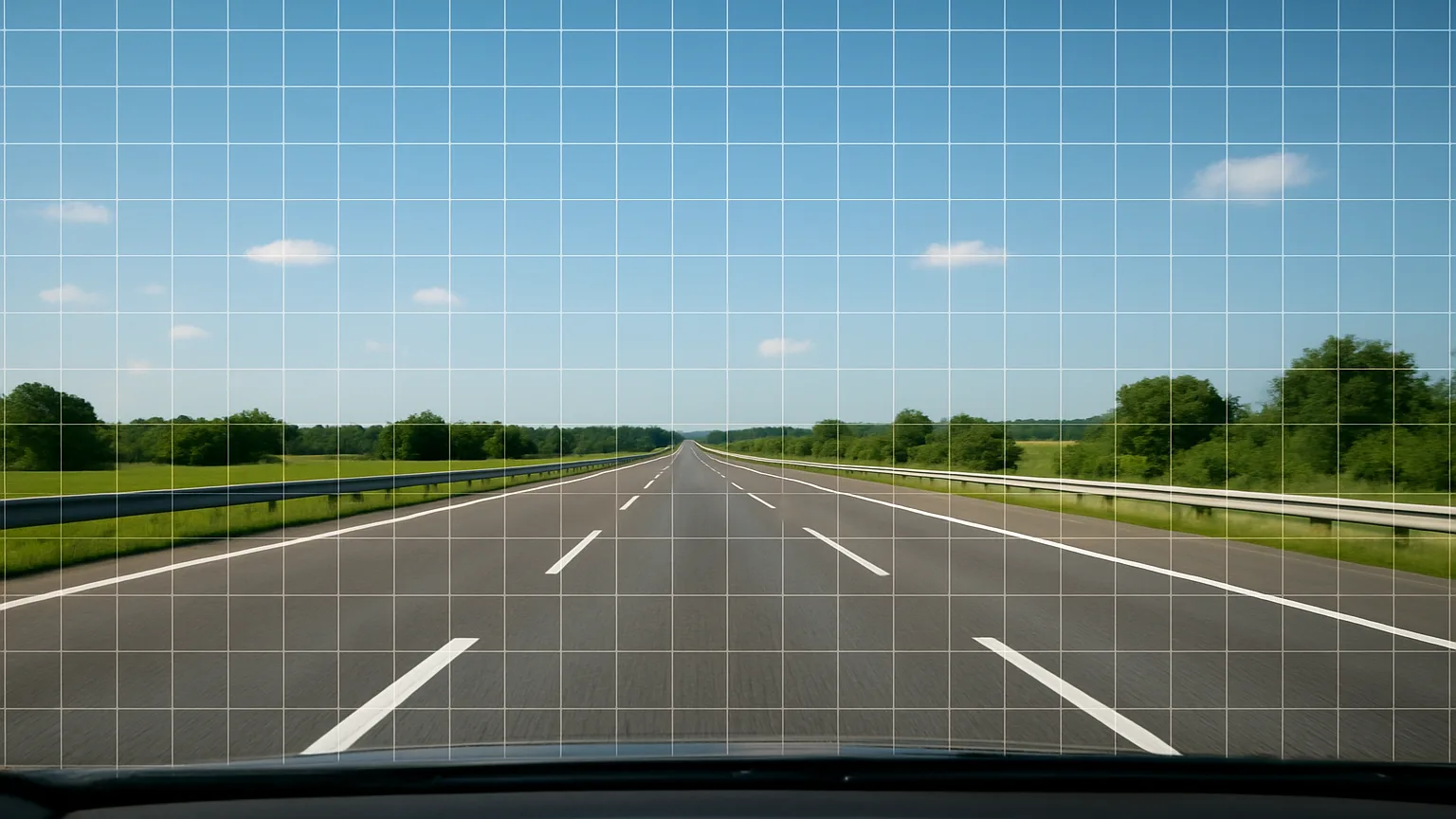 Highway scene from vehicle's dashboard camera perspective showing road markings, lane lines, and horizon with calibration grid overlay pattern visible on windshield.
