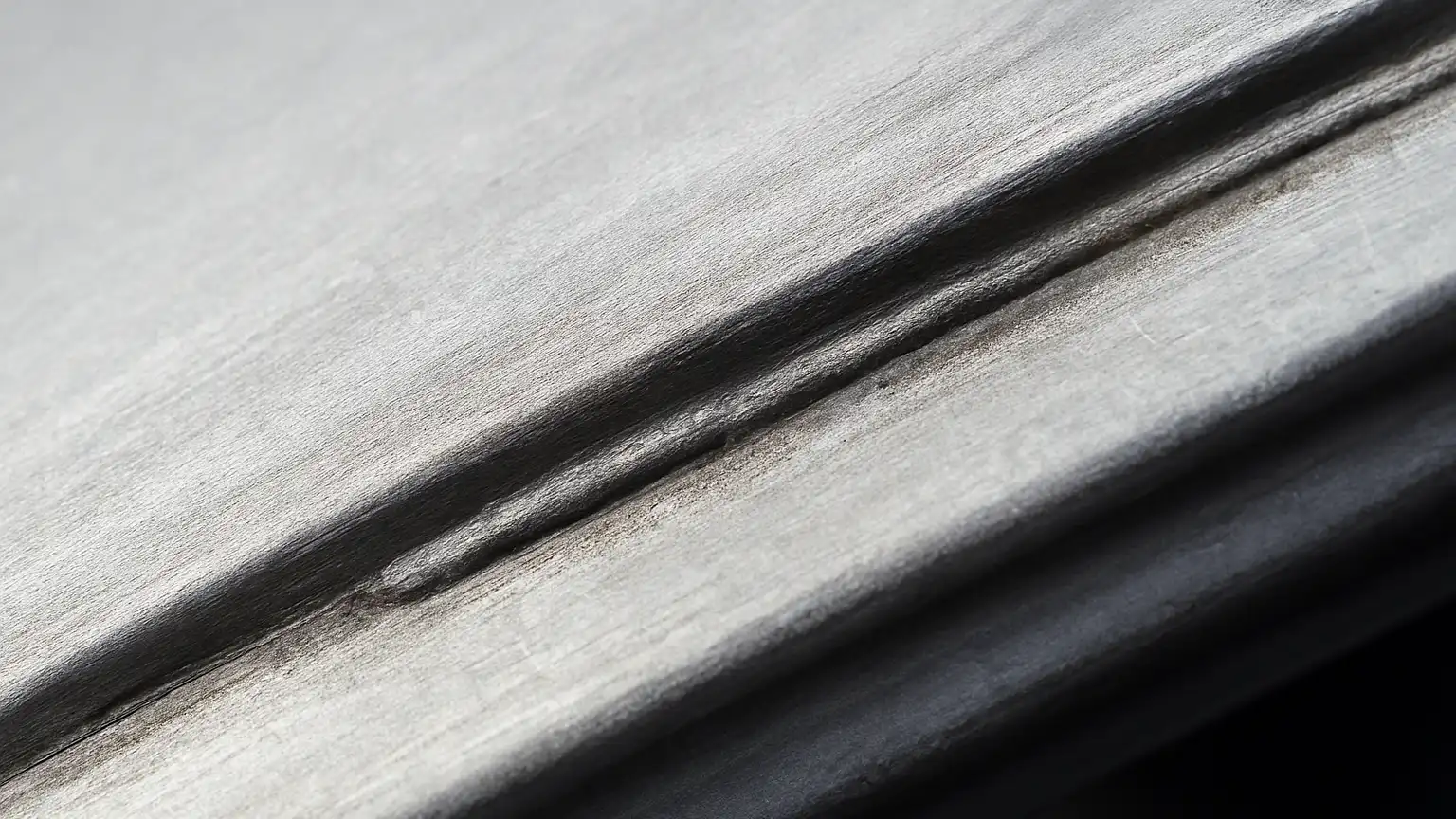 Macro detail of a bare metal pinch weld lip after rust removal, showing the narrow welded seam where two body panels meet at the windshield opening.