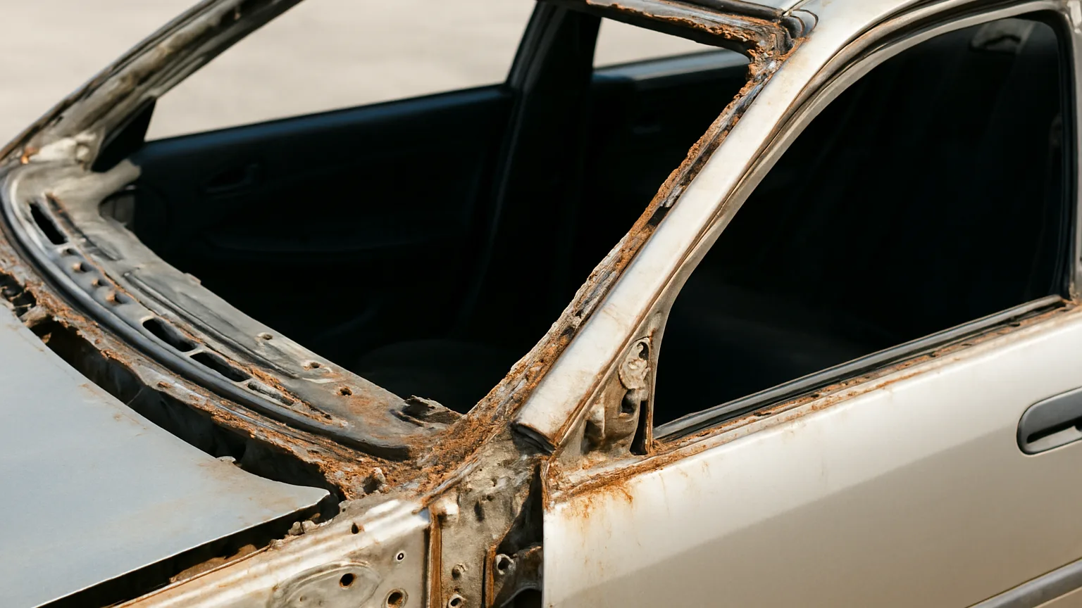 Windshield removed from vehicle, exposing the full opening with damaged pillar structure and corroded metal surfaces ready for body repair work.
