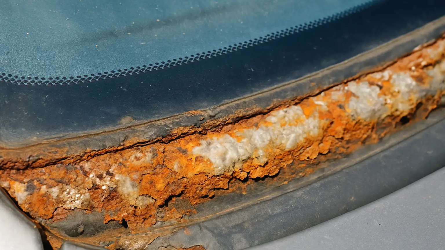 Close-up of a windshield opening showing rust and corrosion on the pinch weld metal, with bubbling paint and orange stains visible along the glass edge.